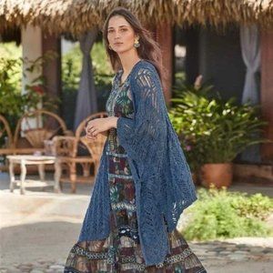 Sundance Ultra Femme Crochet Ruana Poncho Shawl Cardigan XS/S Blue NWT